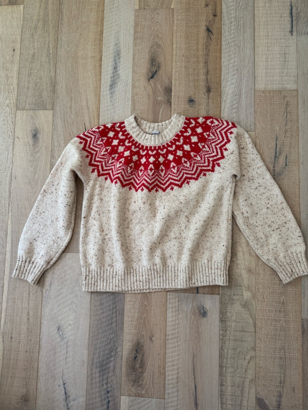 Old Navy Beige Crewneck Sweater with Red Fair Isle Yoke